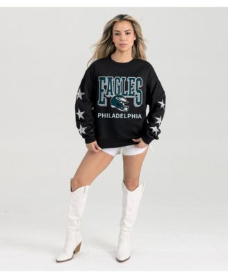 Women's Black Philadelphia Eagles Pure Victory Rhinestud Star-Sleeve Pullover Sweatshirt