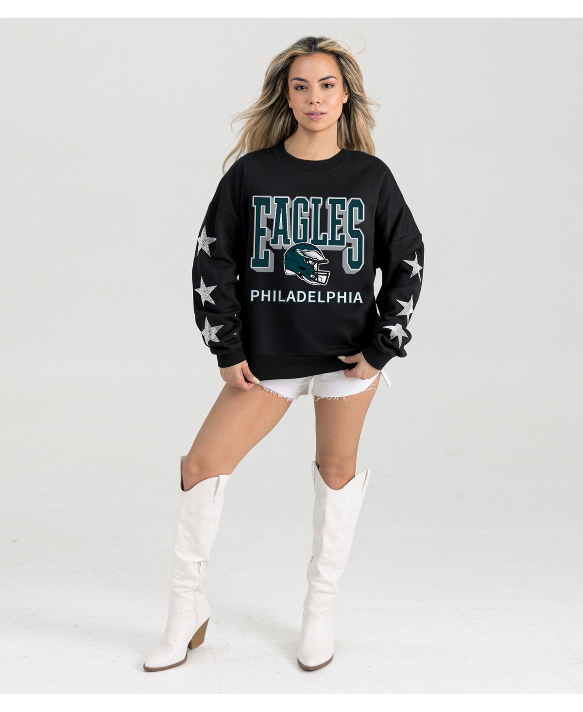 Gameday Couture Women's Black Philadelphia Eagles Pure Victory Rhinestud Star-Sleeve Pullover Sweatshirt - Black