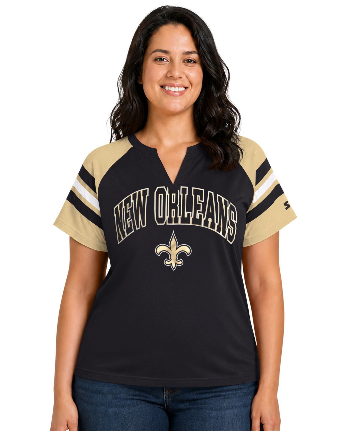 Women's Black New Orleans Saints Plus Size Game On Notch Neck Raglan T-Shirt
