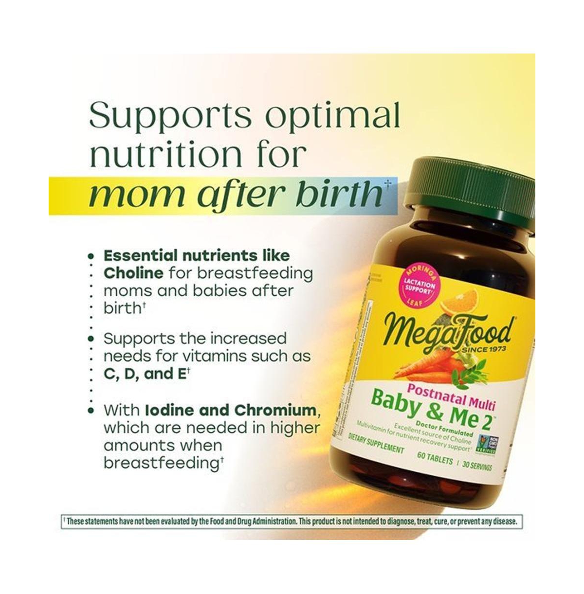 MegaFood Baby and Me 2 Postnatal Multivitamin with Choline, Methylated Folate and Moringa Leaf