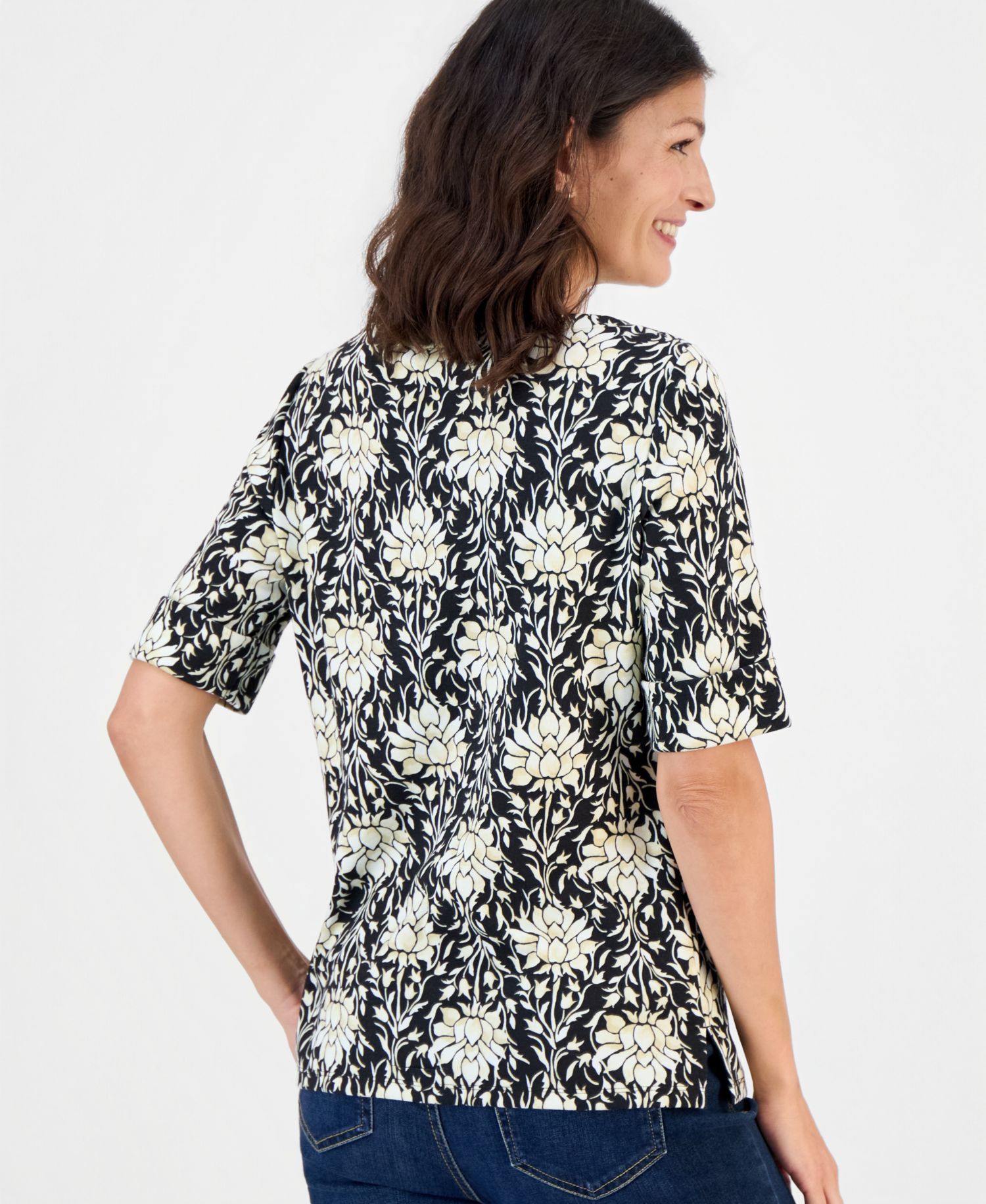 Printed Women's Boat-Neck Elbow-Sleeve Top
