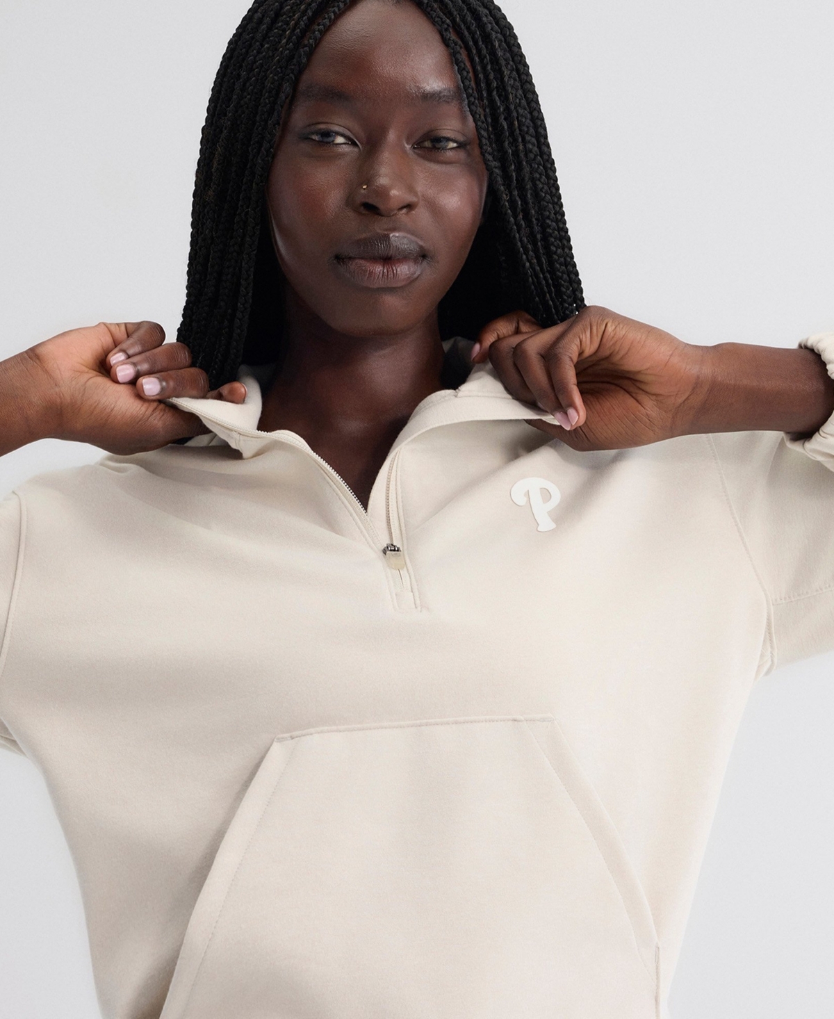 Fanatics Women's Beige Philadelphia Phillies Oversized Clutch Tri-Blend Half-Zip Pullover Sweatshirt
