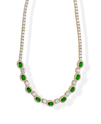 Simulated Emerald and Cubic Zirconia Oval Halo Frontal 18'' Necklace