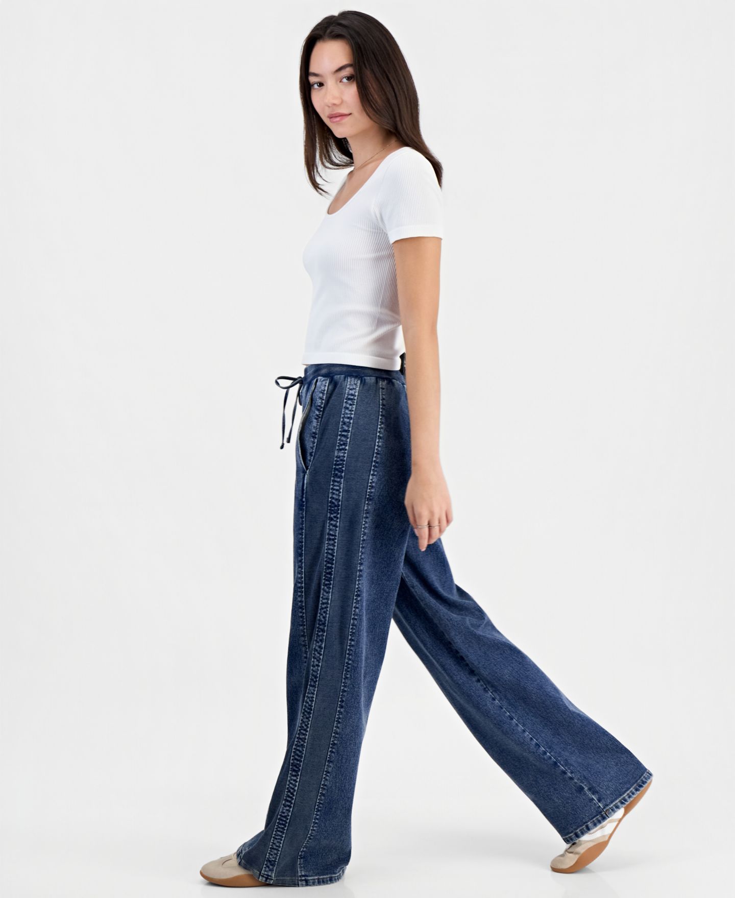 Женские брюки Vanilla Star Juniors' Drawstring Wide-Leg Track Pant Denim, цвет: Dk Fabrizo — фото 2