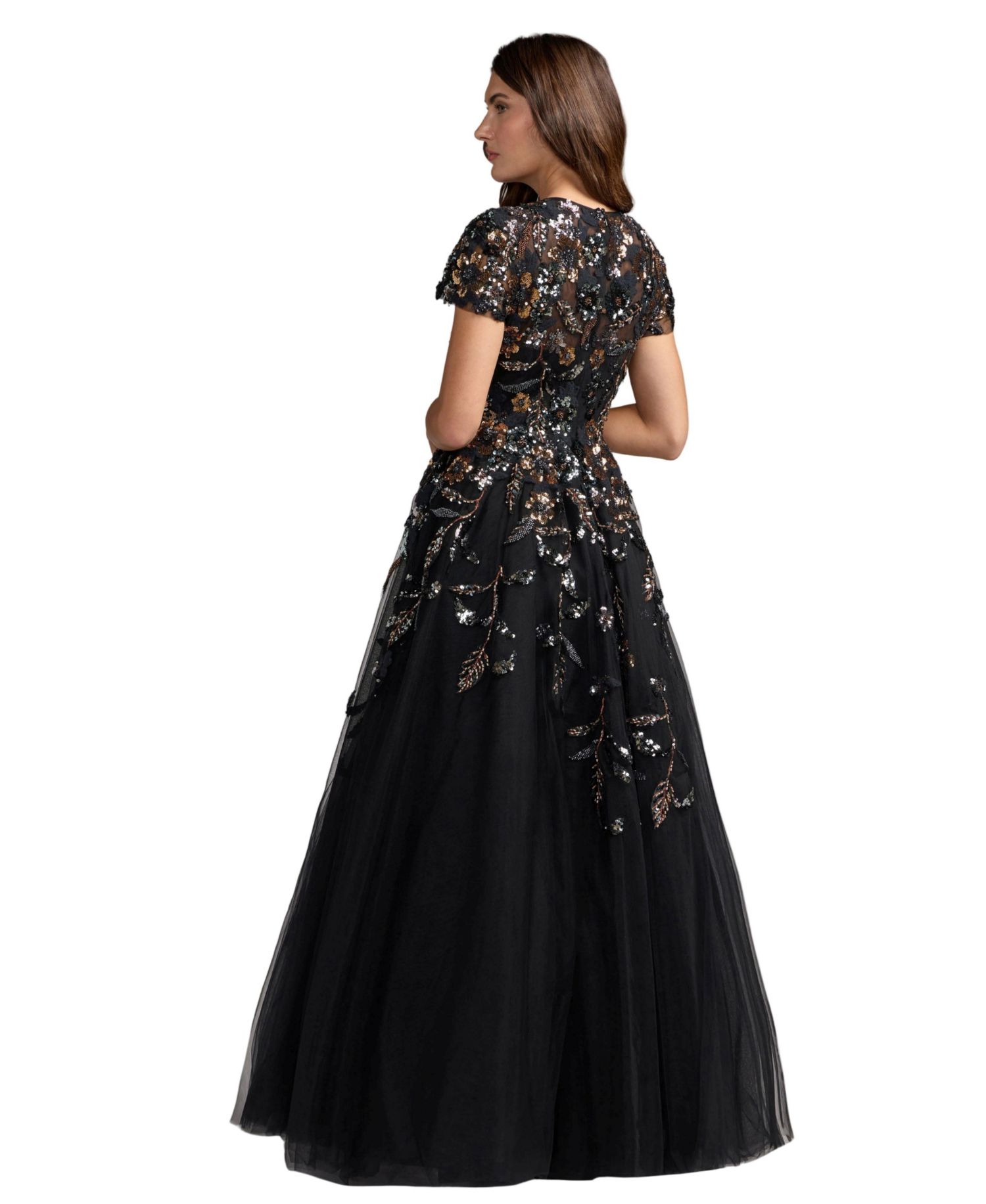 Women's Floral-Embellished Sequin Short-Sleeve Ball Gown