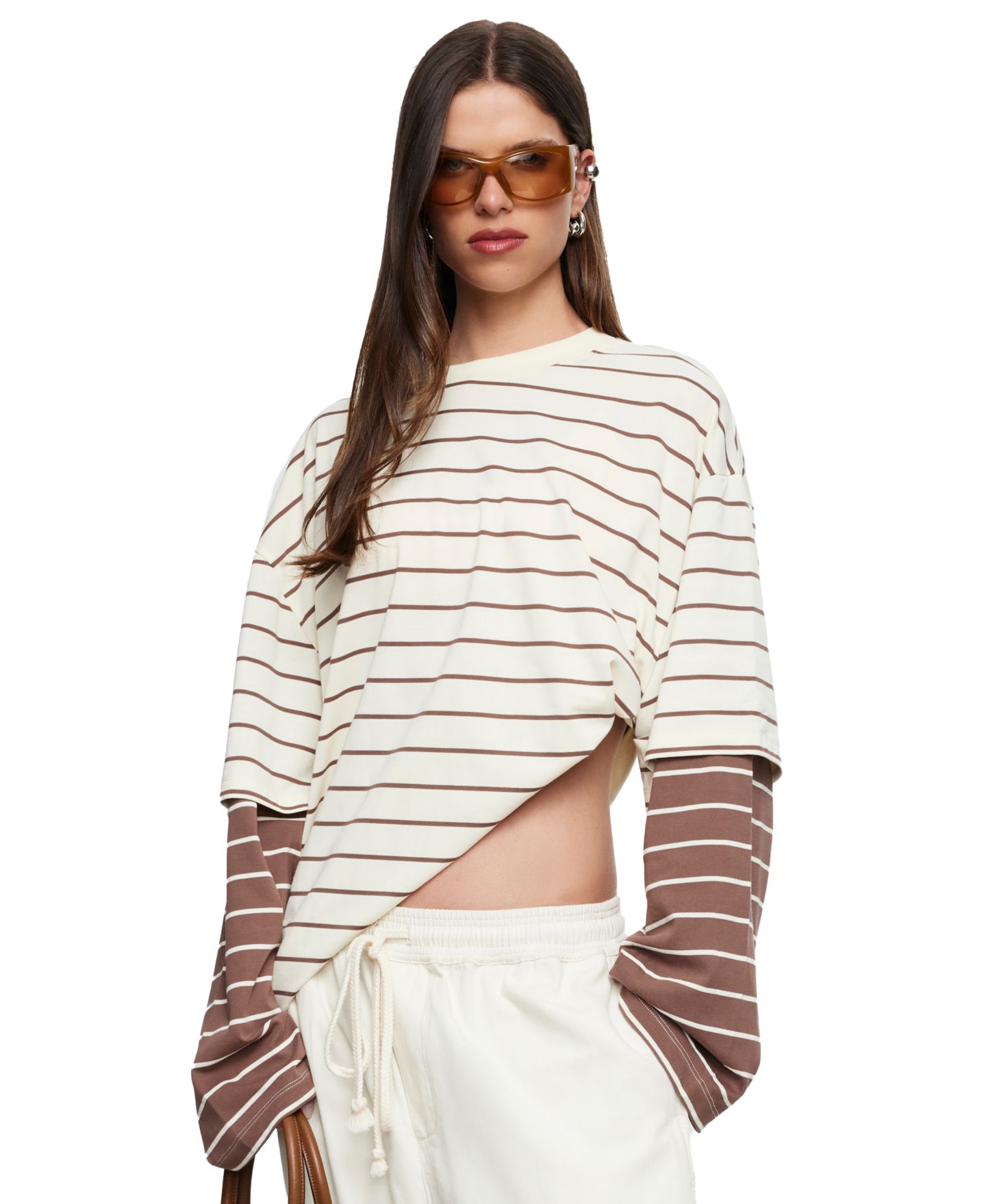 Женская футболка Lioness Bottega Long-Sleeve Striped Oversized, цвет: Ванильный какао полосатый — фото 3