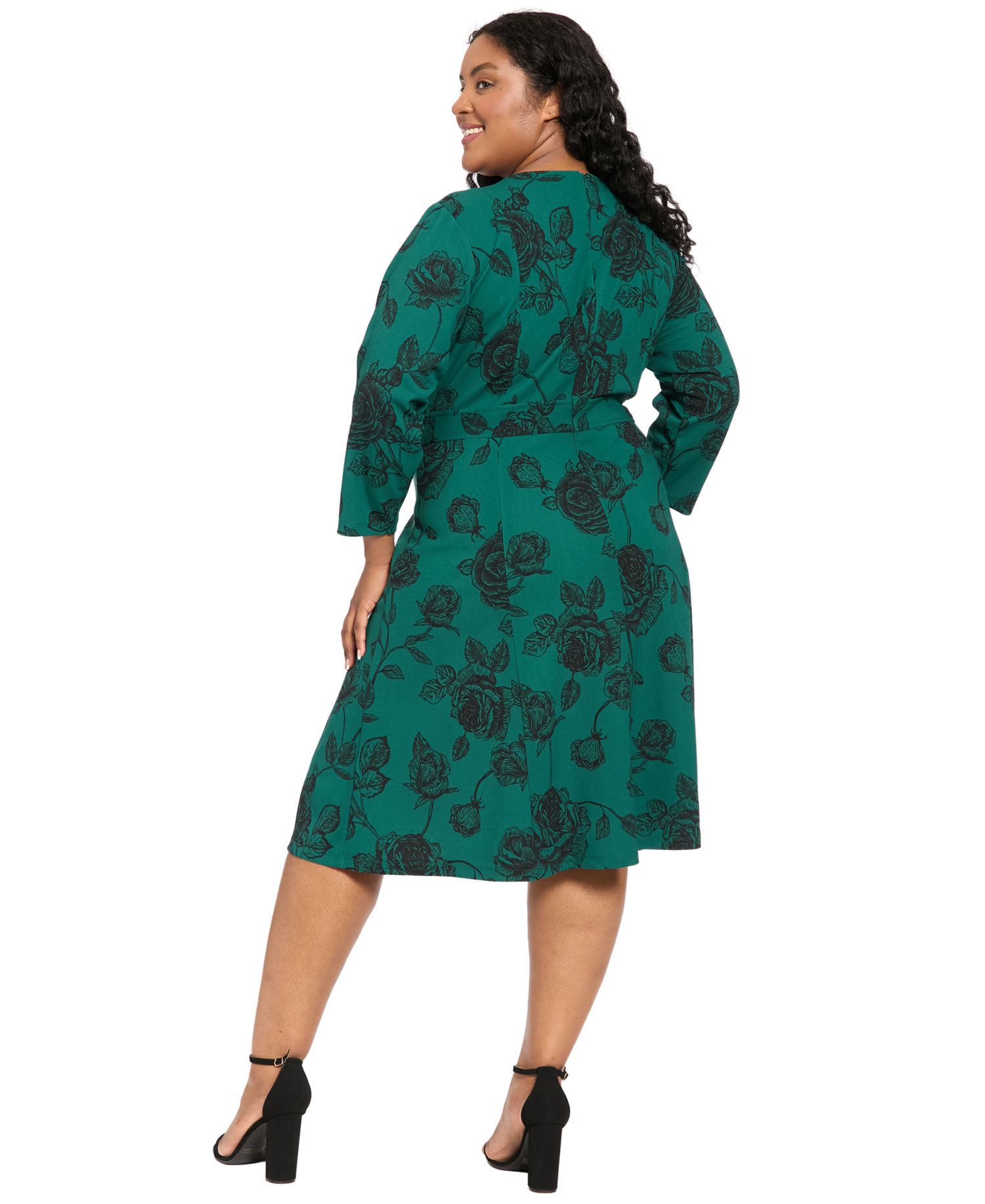 Plus Size Printed Side Tab Floral 3/4-Sleeve Midi Dress