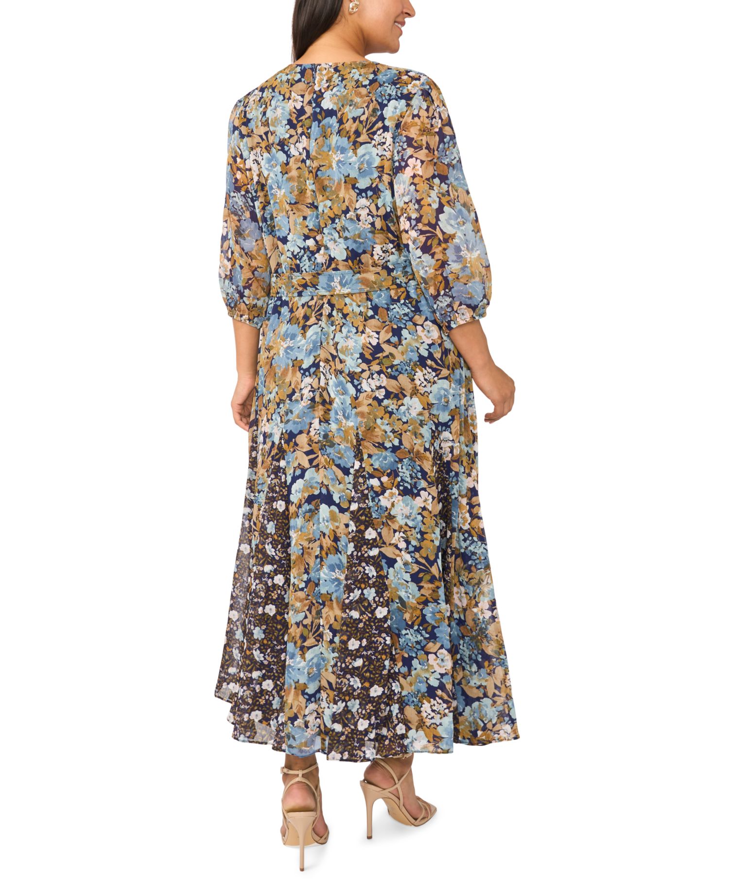 Plus Size Keyhole 3/4-Sleeve Floral-Print Chiffon Maxi Dress