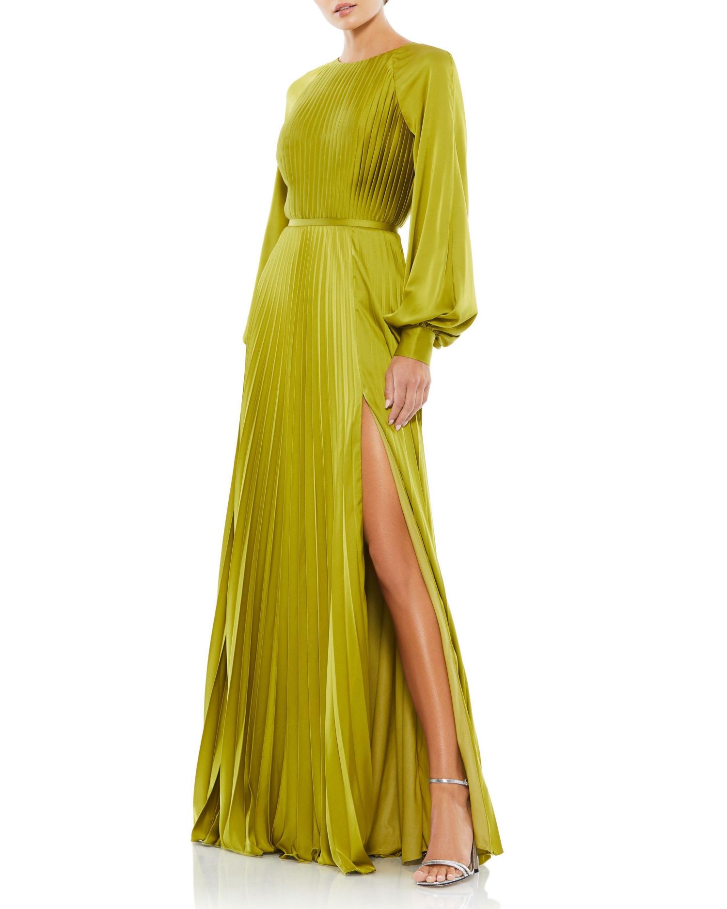 Women's Pleated High Neck Raglan Long Sleeve Side Slit Gown