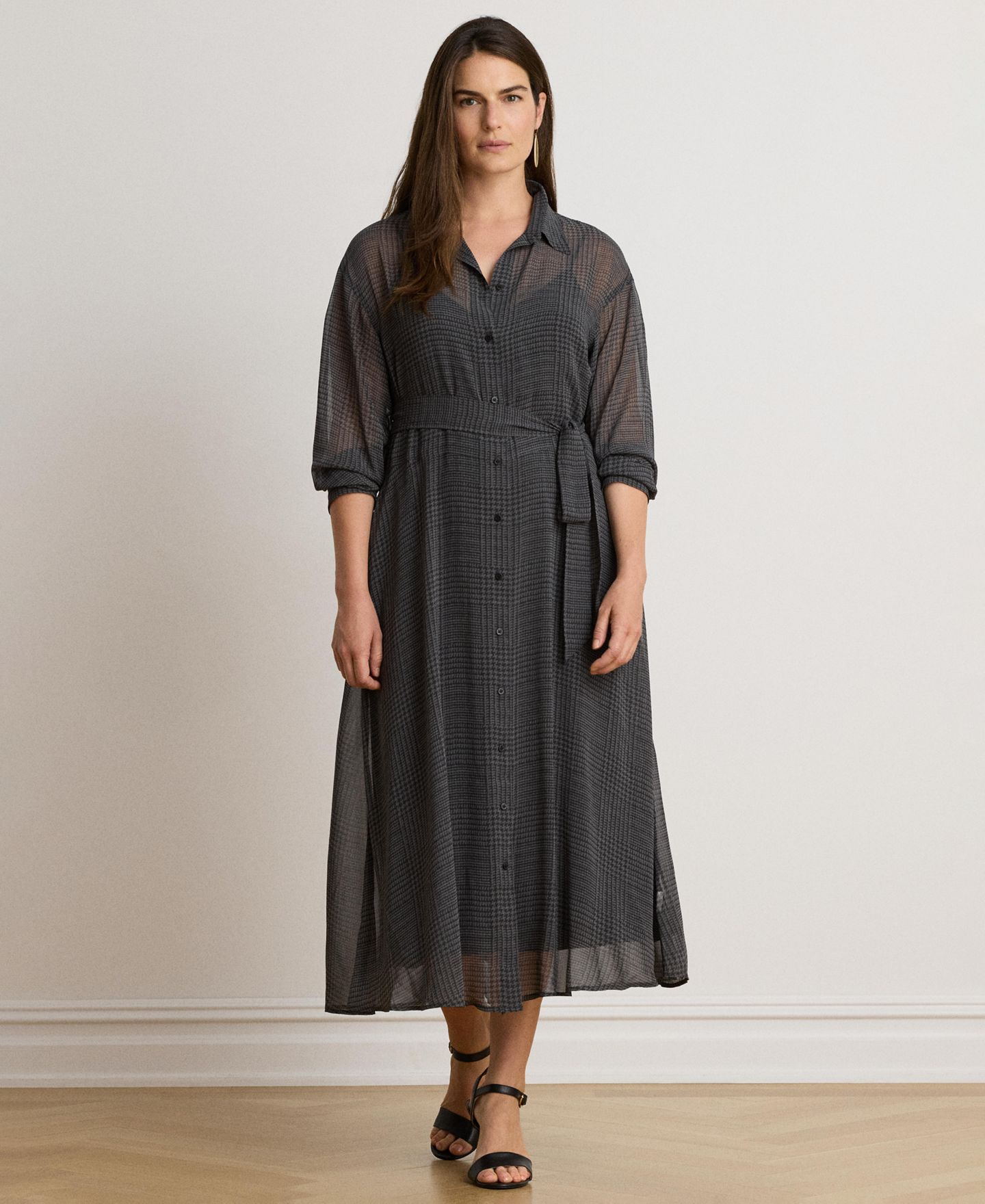 Женское платье Lauren Ralph Lauren Plaid Belted Midi Chiffon Shirt Dress, цвет: Серый / Чёрный — фото 2