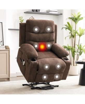 Upholstered Power Lift Chair, Electric Standing Assist Recliner with Back Massage and Waist Heating, Smile-Pattern Linen Sofa Chair