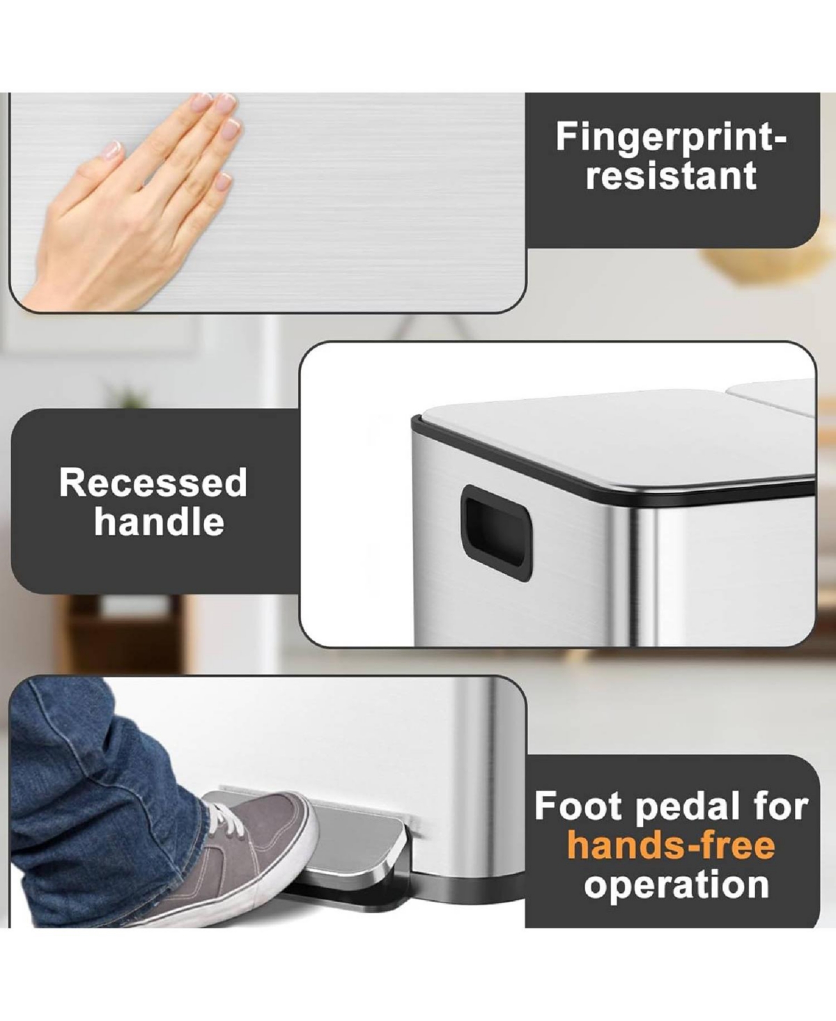 gaomon 3x20L Stainless Steel Recycling Trash Can with Soft Close Pedal Lids, Kitchen Bin for Home, Office
