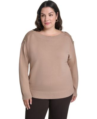 Plus Size Boatneck Button Shoulder Overlay Sweater