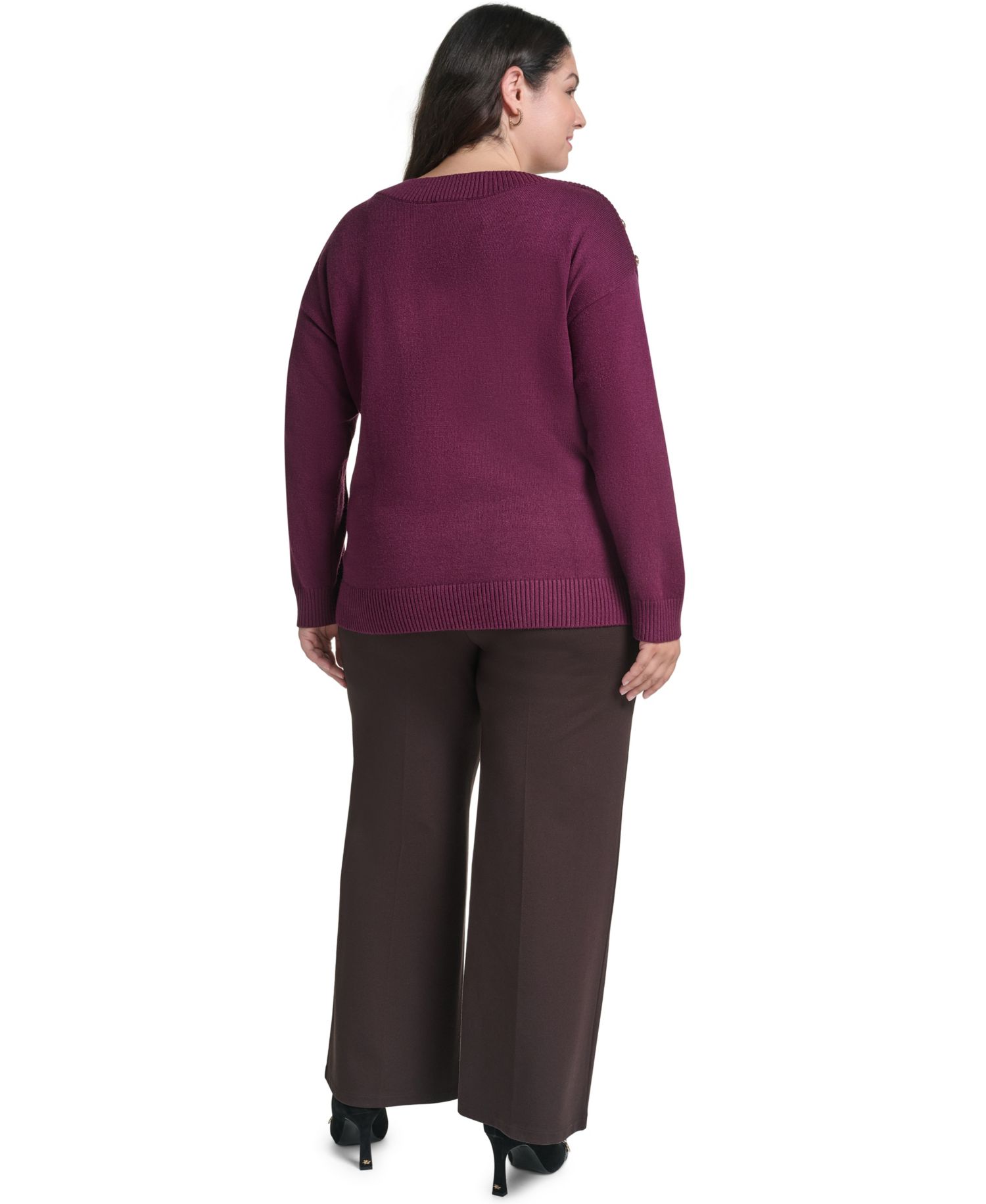 Plus Size Boatneck Button Shoulder Overlay Sweater