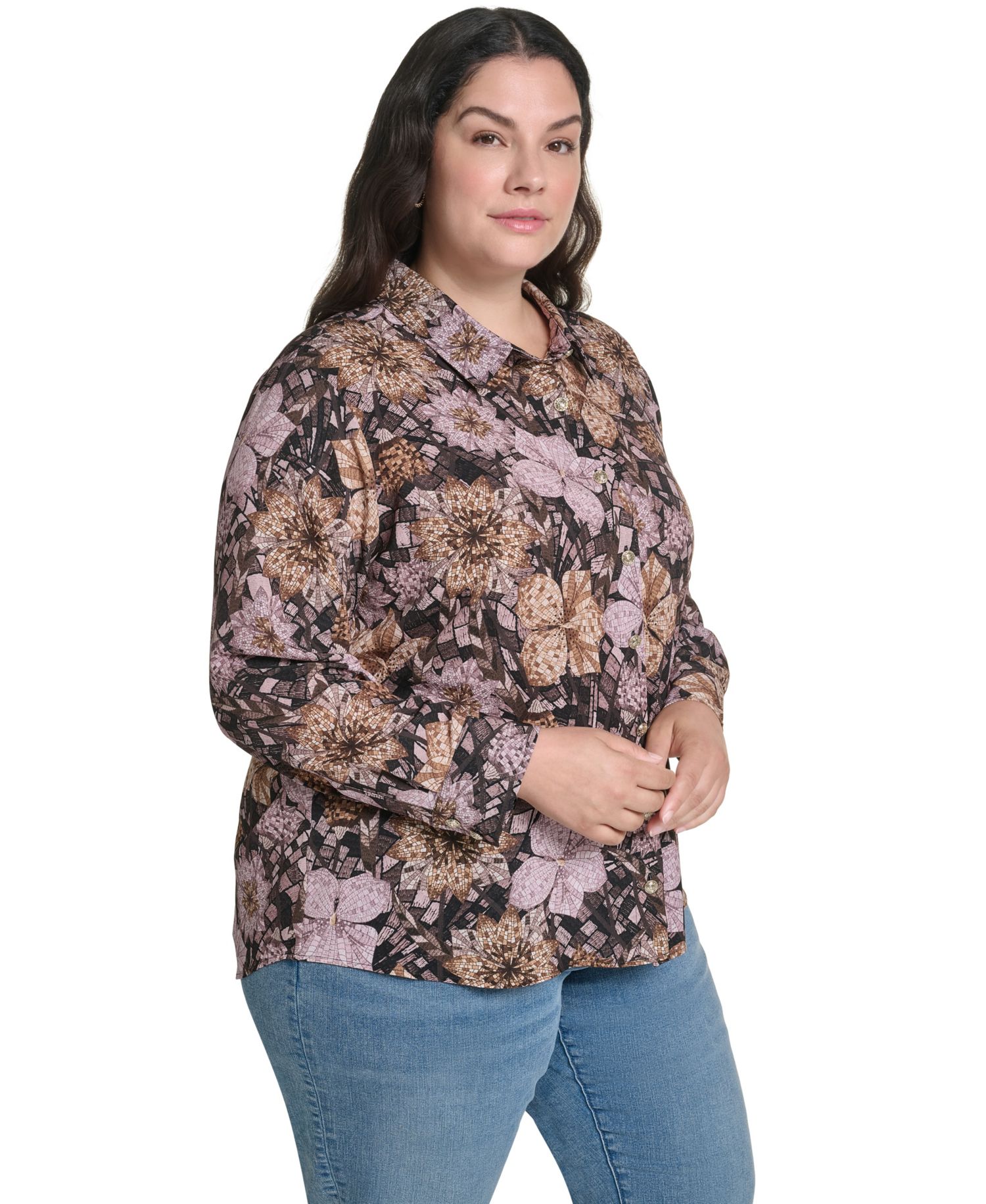 Plus Size Geo Floral Long-Sleeve Button-Up Woven Blouse