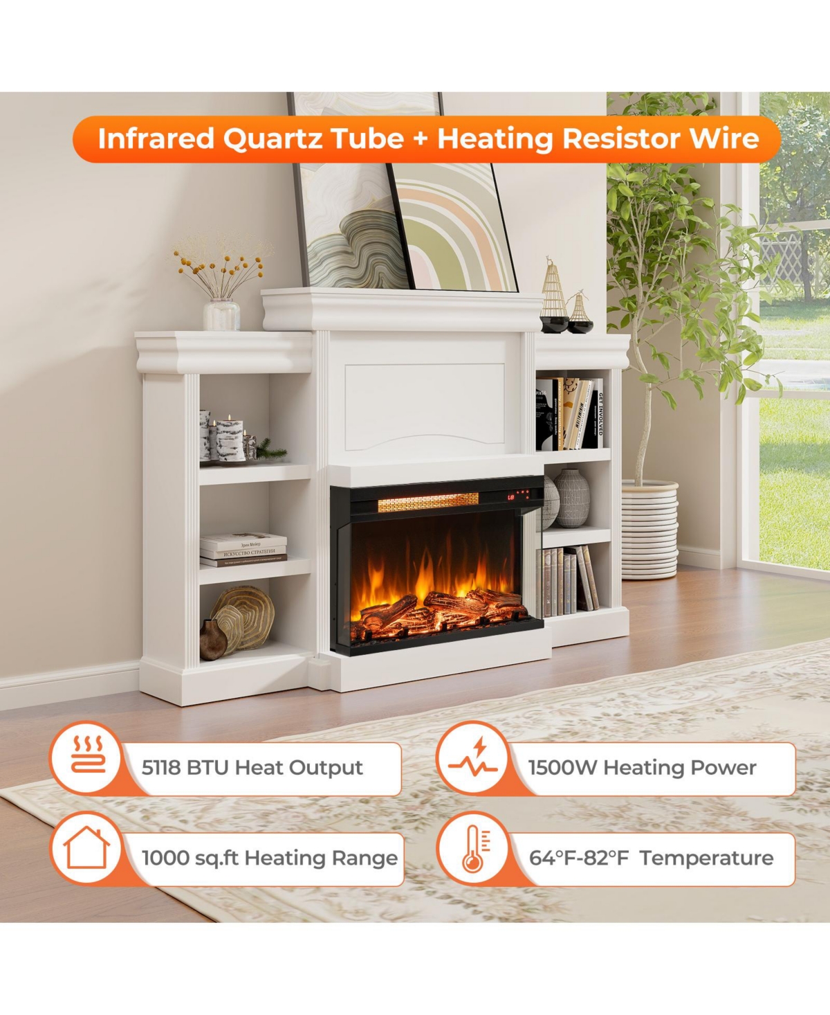 Ecooso 3-Sided Electric Fireplace 1500W Recessed Fireplace Insert