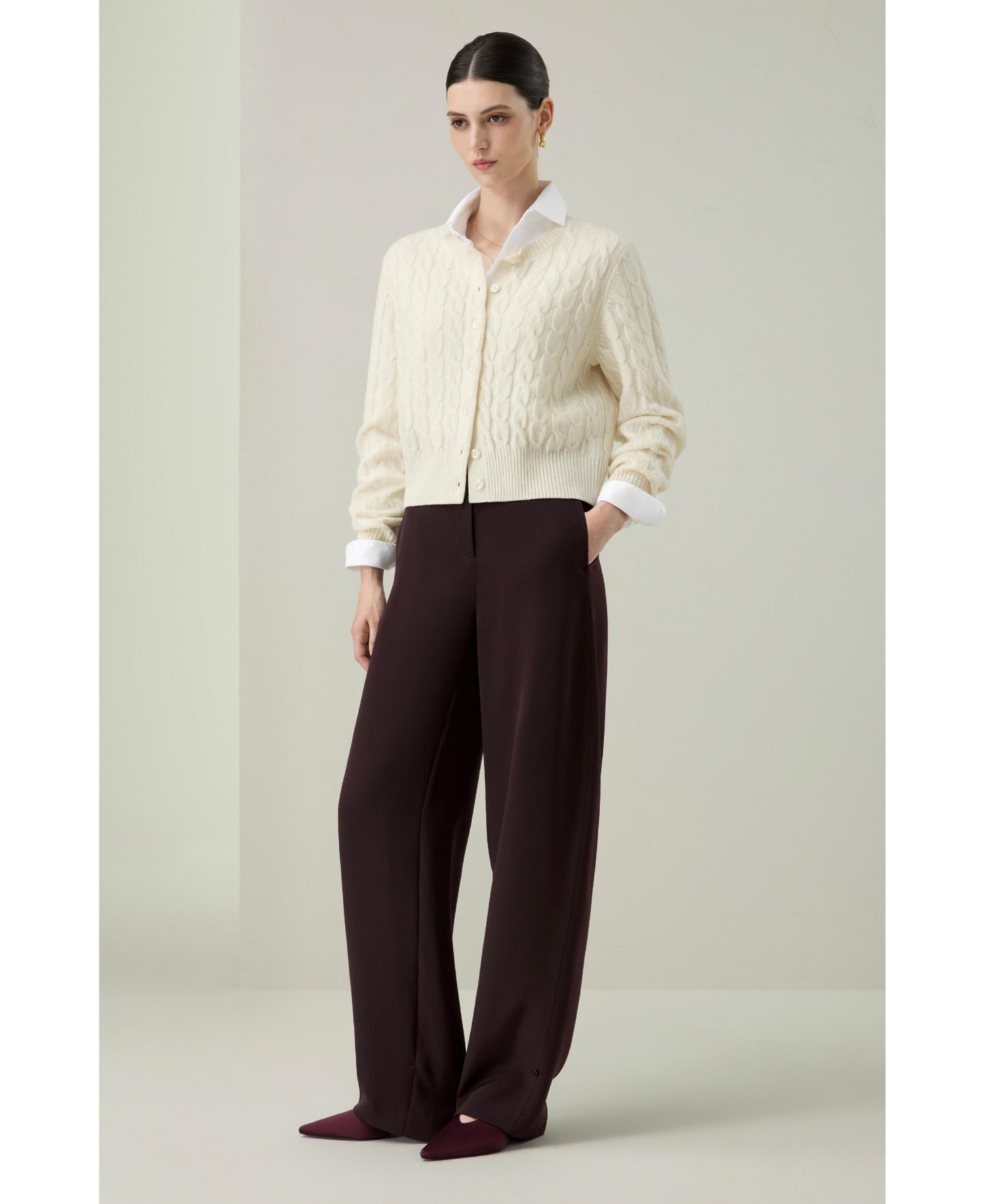 Women's Merino Wool Cable-Knit Crewneck Cardigan