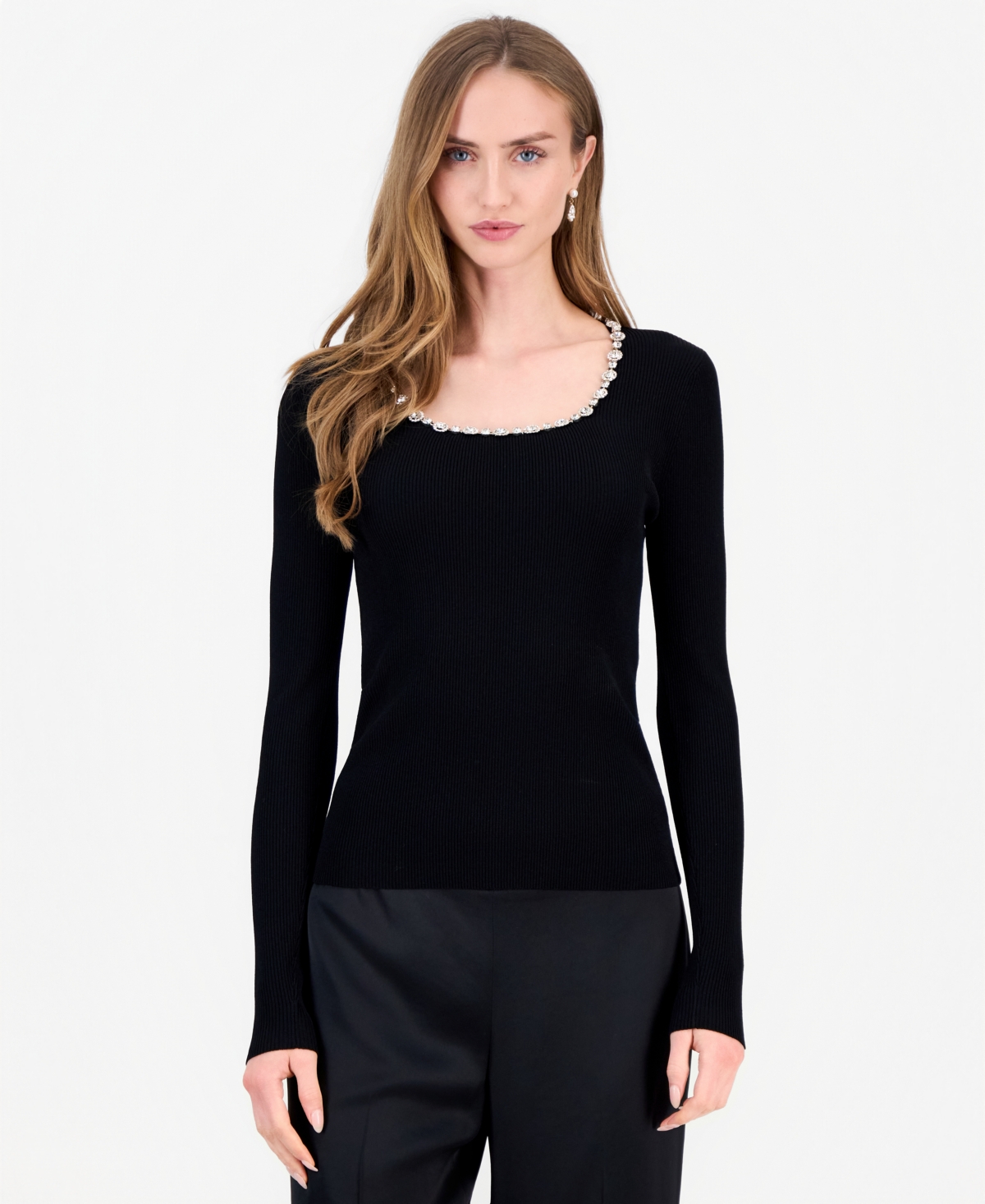 Elie Tahari Women's Isabel Crystal-Embellished Square Neck Long Sleeve Sweater