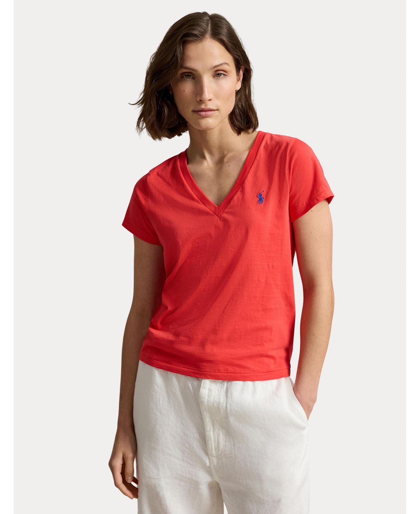 Женская футболка Polo Ralph Lauren V-Neck Short-Sleeve, цвет: Bright Hibiscus — фото 3