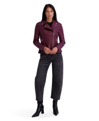 Women's Faux Leather Moto Jacket With Peplum Hem And Quilted Sleeve Detail