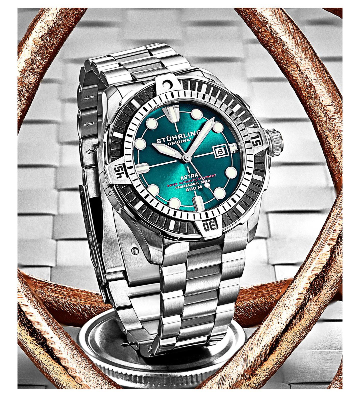 Мужские часы Stuhrling Astral Diver 44mm Swiss Automatic Watch, Teal Dial, Stainless Steel Bracelet, Rotating Bezel, 200M Water Resistant, цвет: Серебряный — фото 6