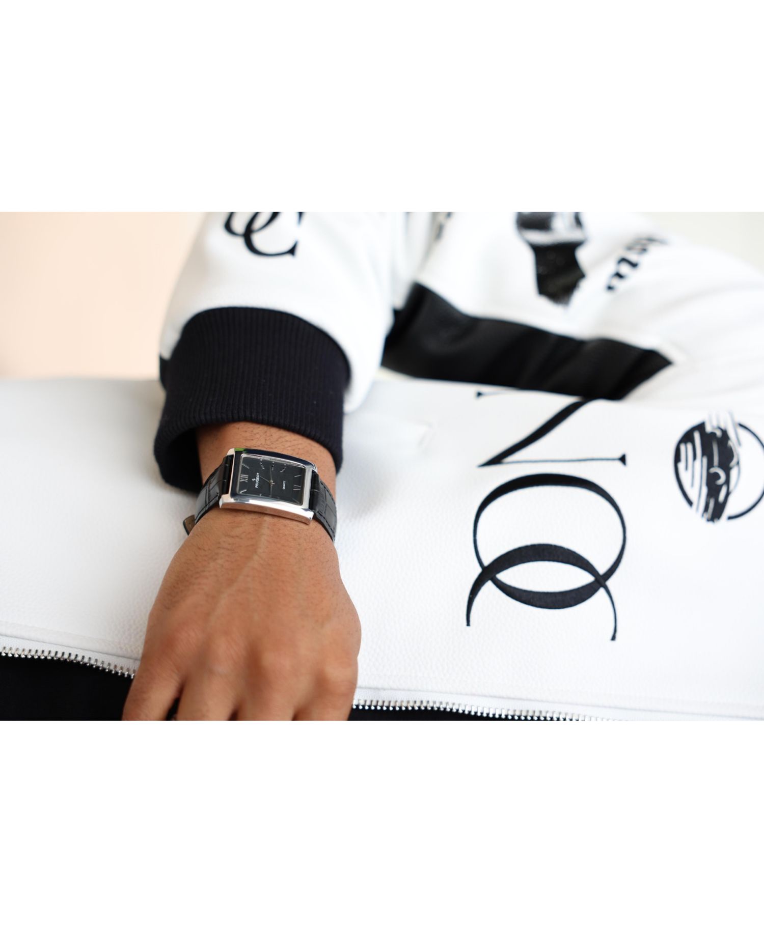 Men's 30X40mm Silver Tank Shape Watch with Black Dial and Black Leather Strap