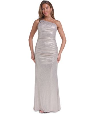 Women's One-Shoulder Midriff Rouched Metallic Gown