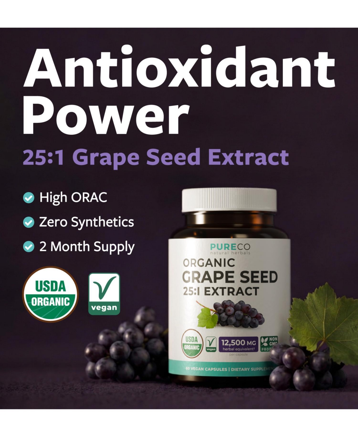 Pure Co Grape Seed Extract Capsules, 25:1 Grape Seed Extract, 12,500 Milligram Herbal Equivalent, 60 Capsules
