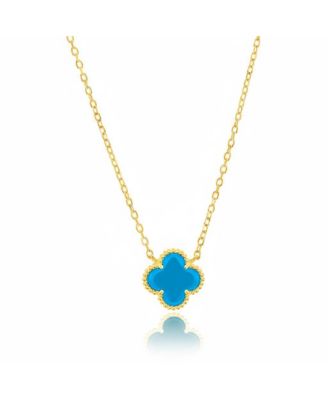 Sterling Silver Simulated Turquoise Clover, Beaded Outline Necklace