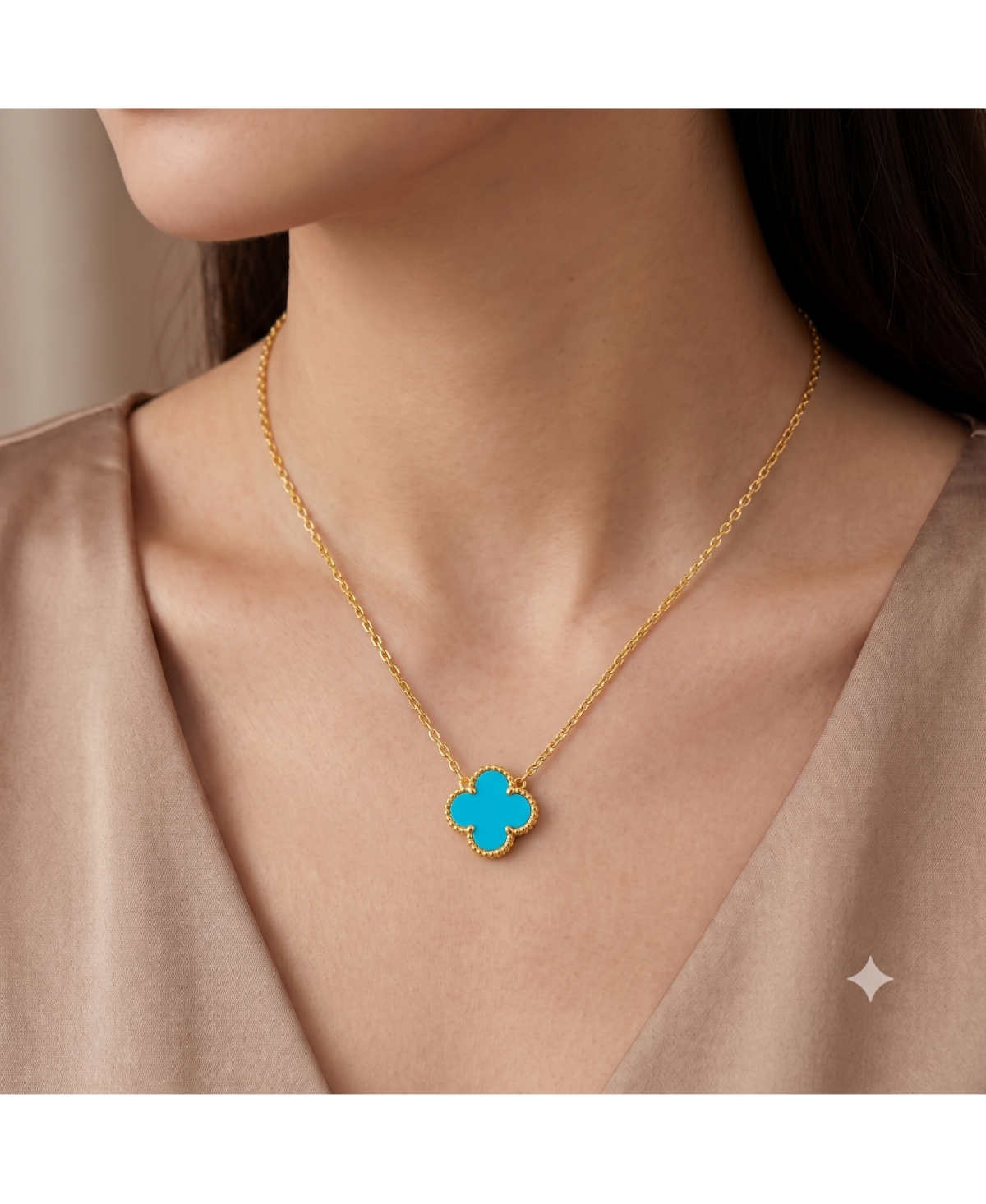 Simona Sterling Silver Simulated Turquoise Clover, Beaded Outline Necklace