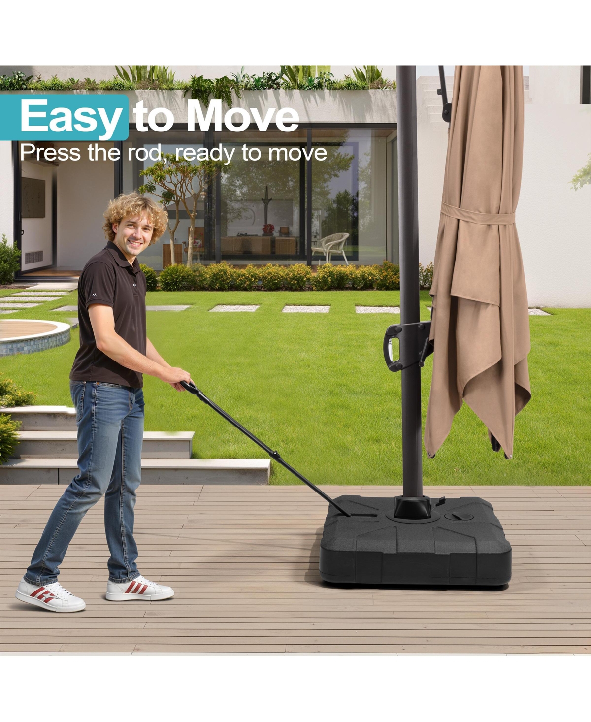 Pellebant Heavy-Duty Patio Cantilever Umbrella Base with 4-Wheels and Pull Rod Sand/Water Filled