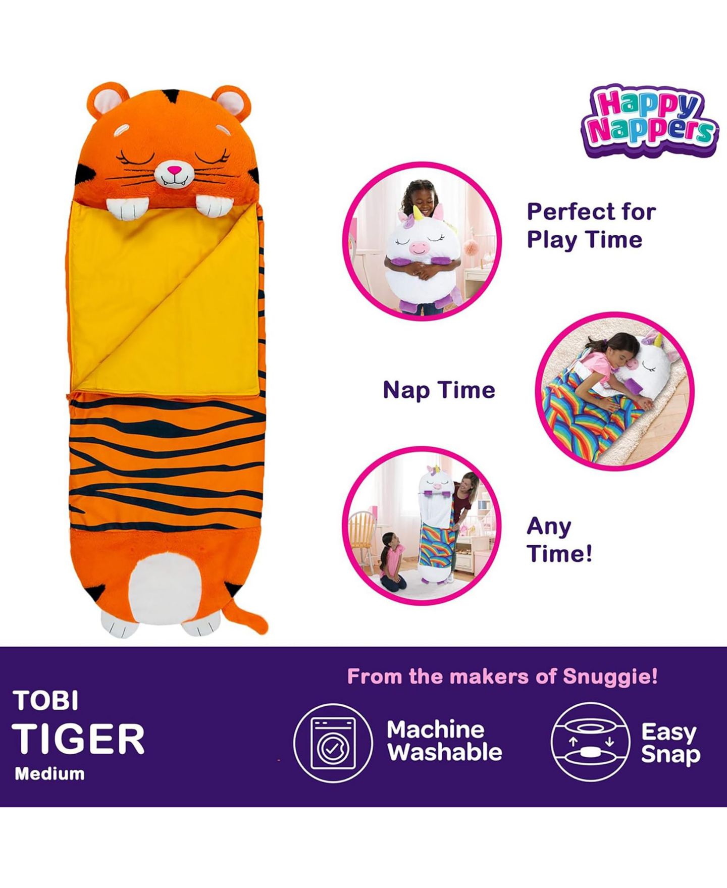 Детские мягкие игрушки Happy Nappers Tiger Tobi Medium Zip-Up Pillow and Sleeping Bag — фото 3