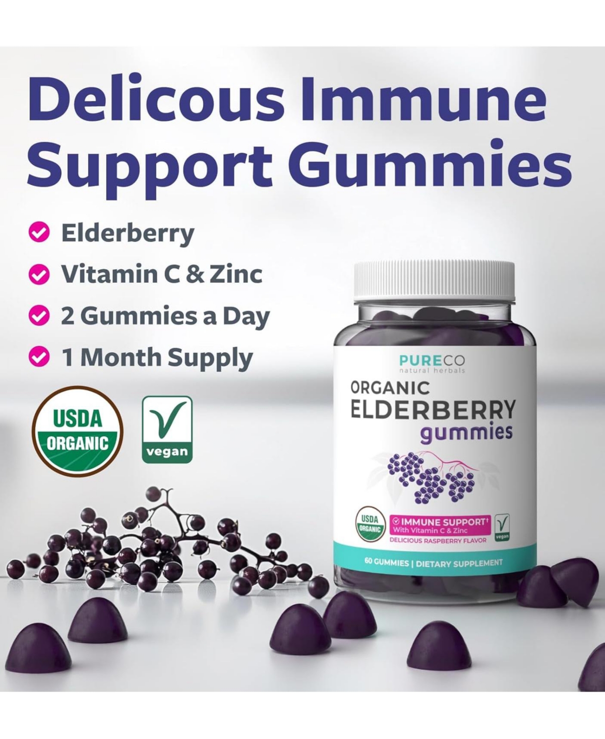 Pure Co Elderberry Gummies, Elderberry with Vitamin C and Zinc, 60 Gummies