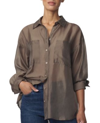 Women's Organza Boyfriend Sheer Long-Sleeve Button-Up Shirt