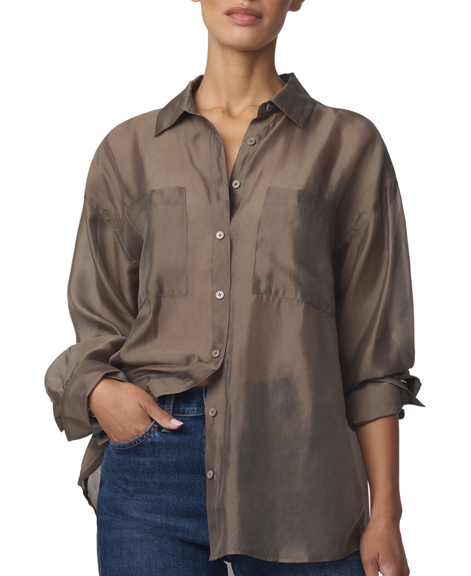 Women's Organza Boyfriend Sheer Long-Sleeve Button-Up Shirt