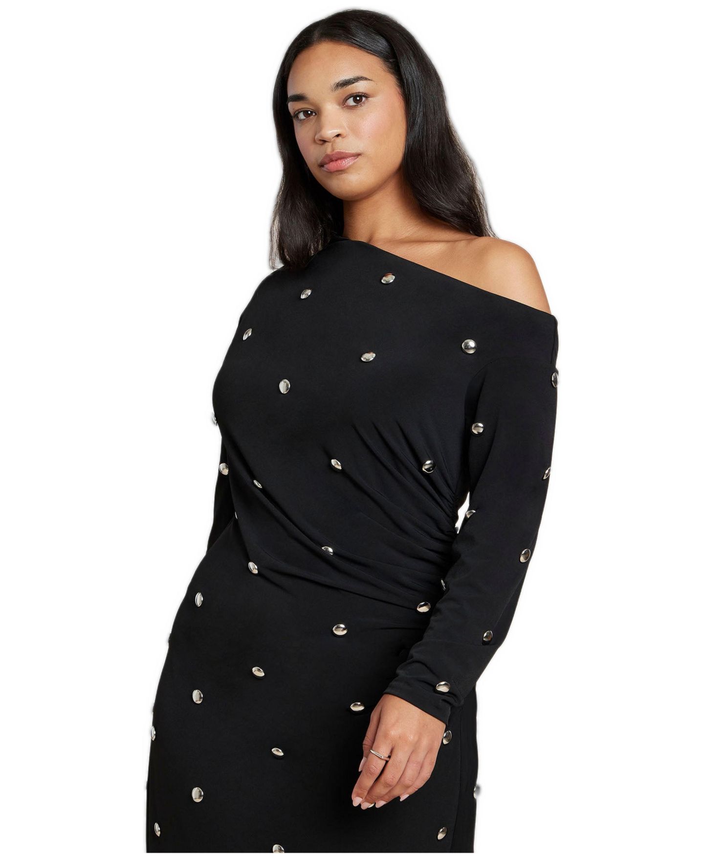 Женское платье ELOQUII Plus Size Draped Hardware One-Shoulder Long-Sleeve Maxi, цвет: Чёрный оникс — фото 3