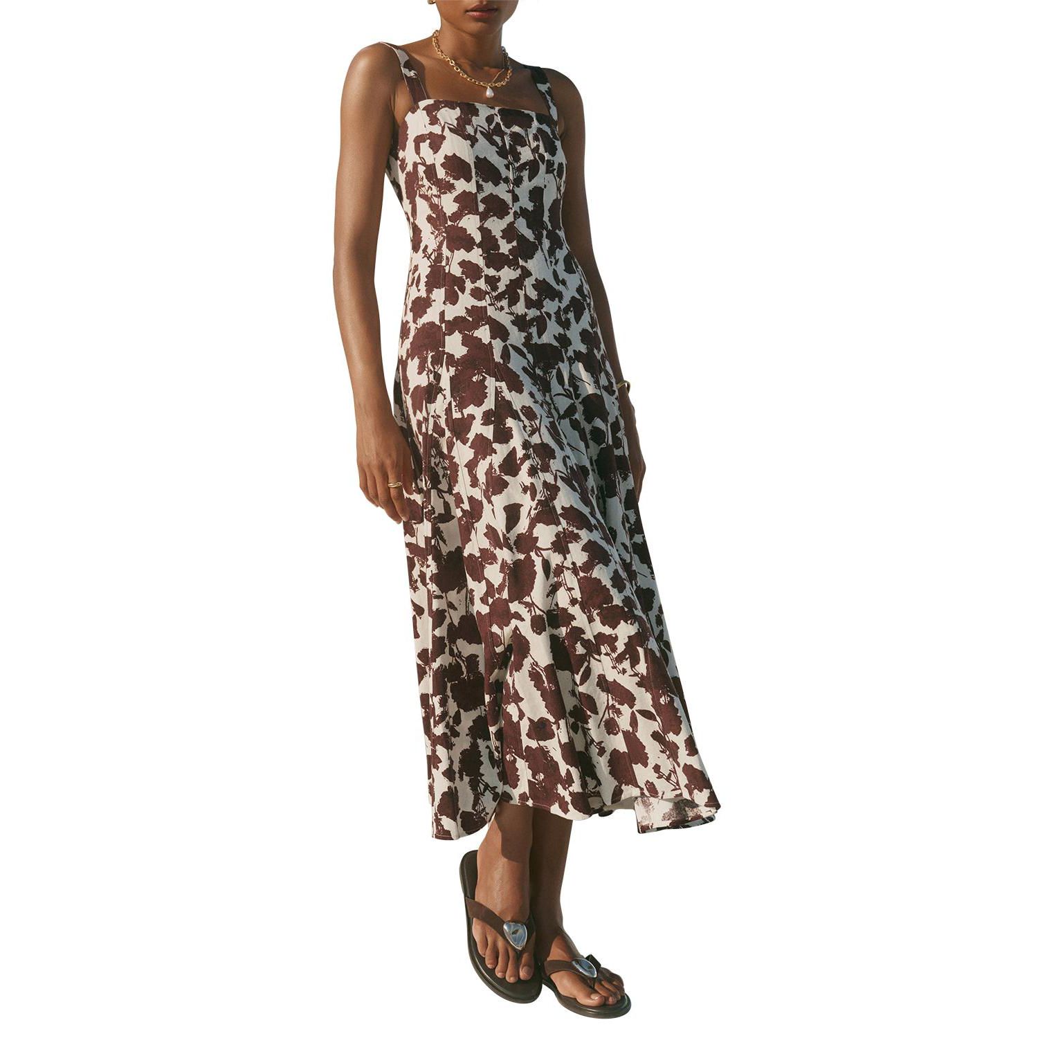 Women's Floral-Print Sleeveless A-Line Linen-Blend Midi Dress