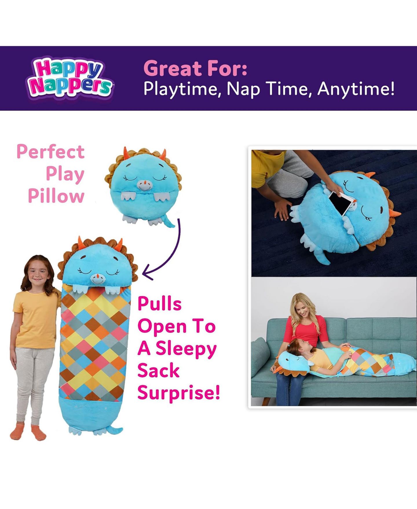 Детские мягкие игрушки Happy Nappers Triceratops Timmy Medium Pillow and Sleep Sack, цвет: Синий — фото 4