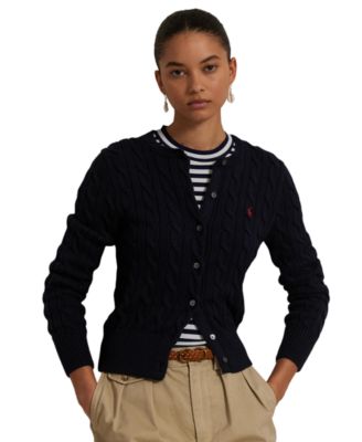 Women's Cable-Knit Cotton Crewneck Cardigan Sweater