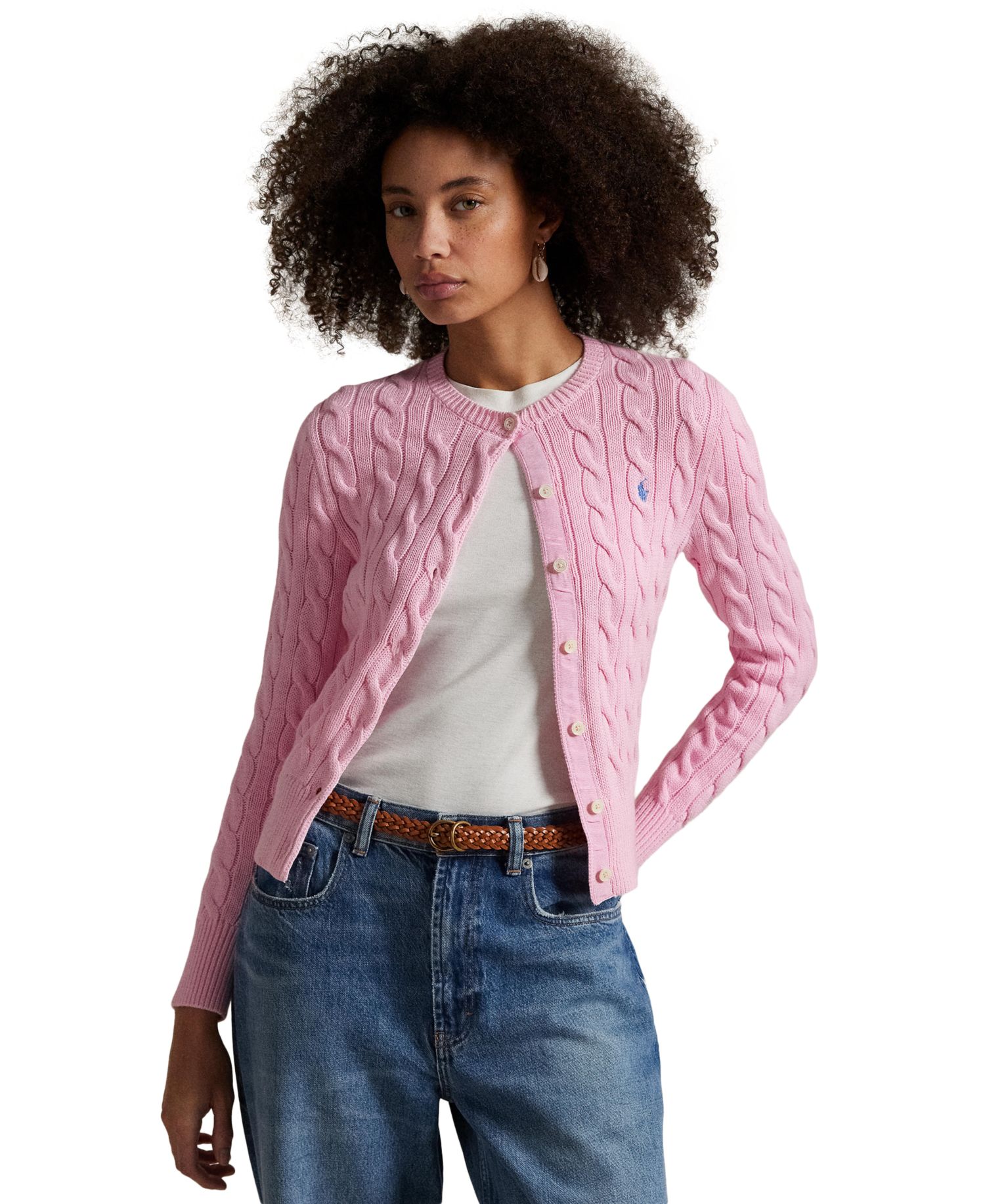 Women's Cable-Knit Cotton Crewneck Cardigan Sweater