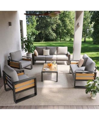 Outdoor Patio Conversation Set Durable Aluminum Sofas, Plush Cushions, Wood Texture Table Weatherproof