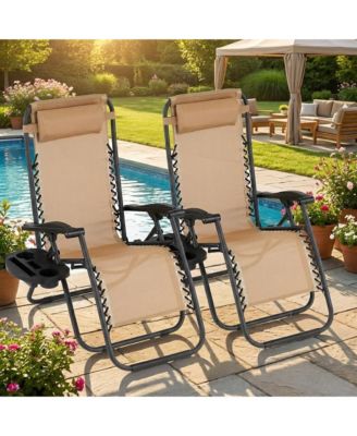 Set of 2 Outdoor Lounge Chairs Reclining Patio Chairs with Pillow and Cup Holder, Folding for Pool, Beach, Backyard and Camping