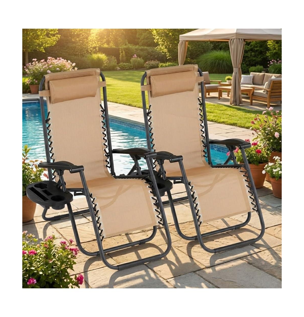 gaomon Set of 2 Outdoor Lounge Chairs Reclining Patio Chairs with Pillow and Cup Holder, Folding for Pool, Beach, Backyard and Camping