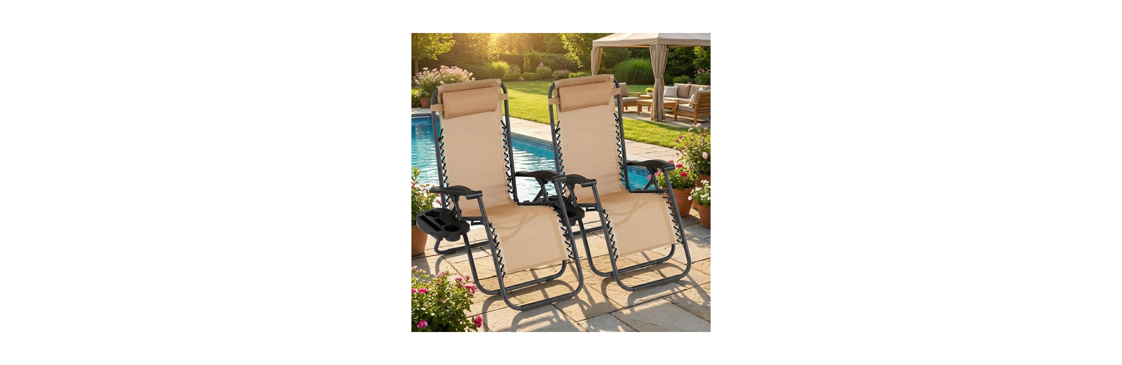 gaomon Set of 2 Outdoor Lounge Chairs Reclining Patio Chairs with Pillow and Cup Holder, Folding for Pool, Beach, Backyard and Camping