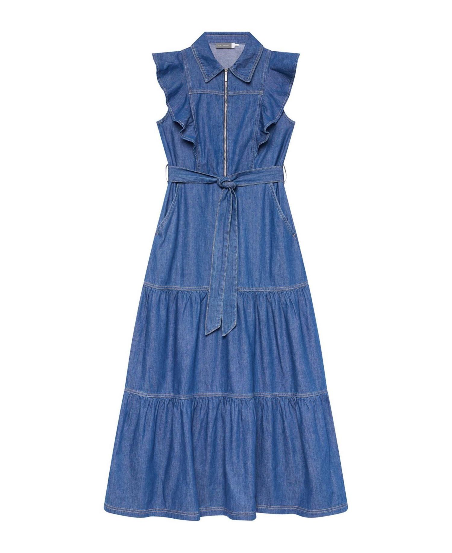 Women's Denim Ruffle Maxi Shirt Dress