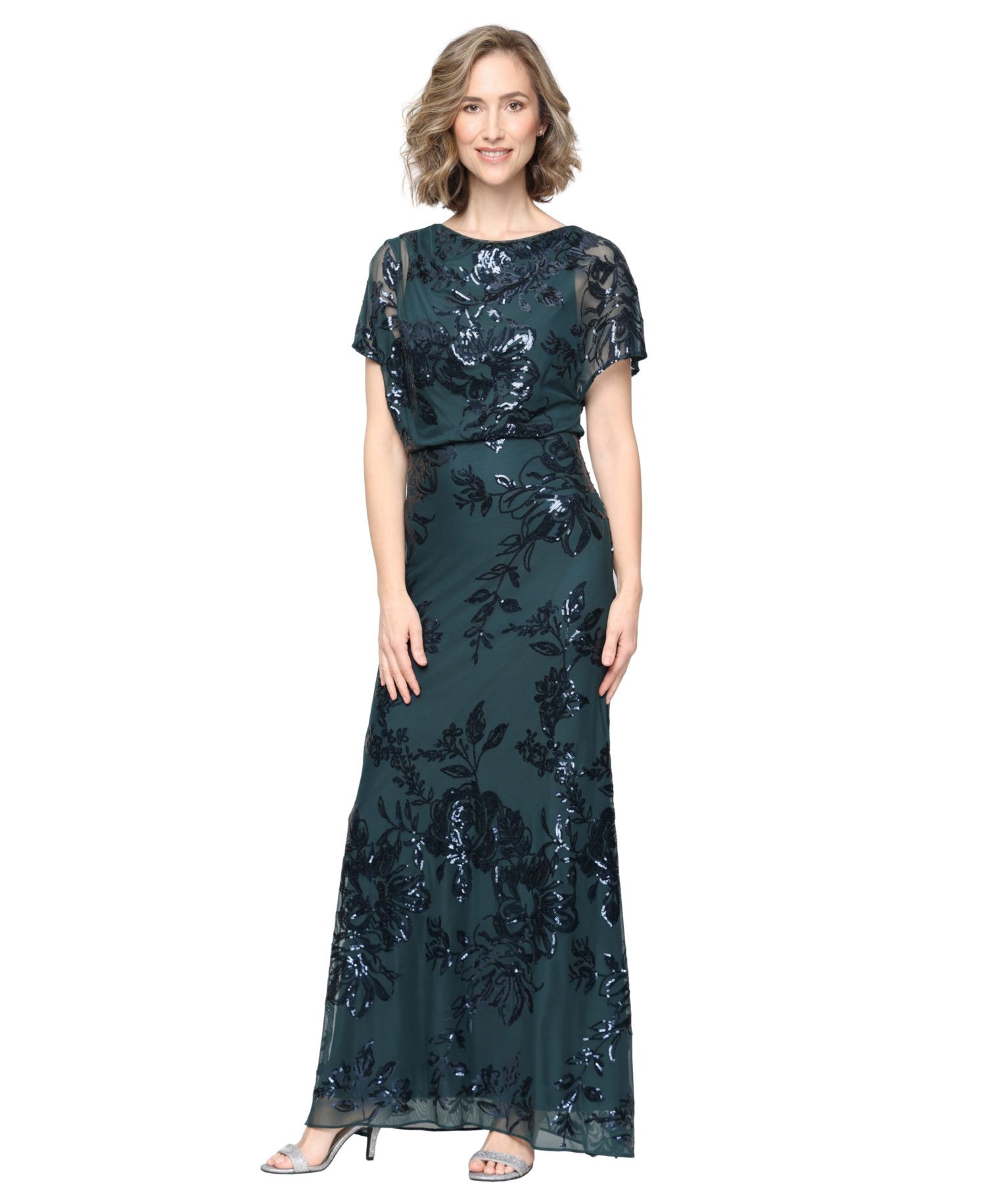 Petite Sequin Floral-Print Boat Neck Dress