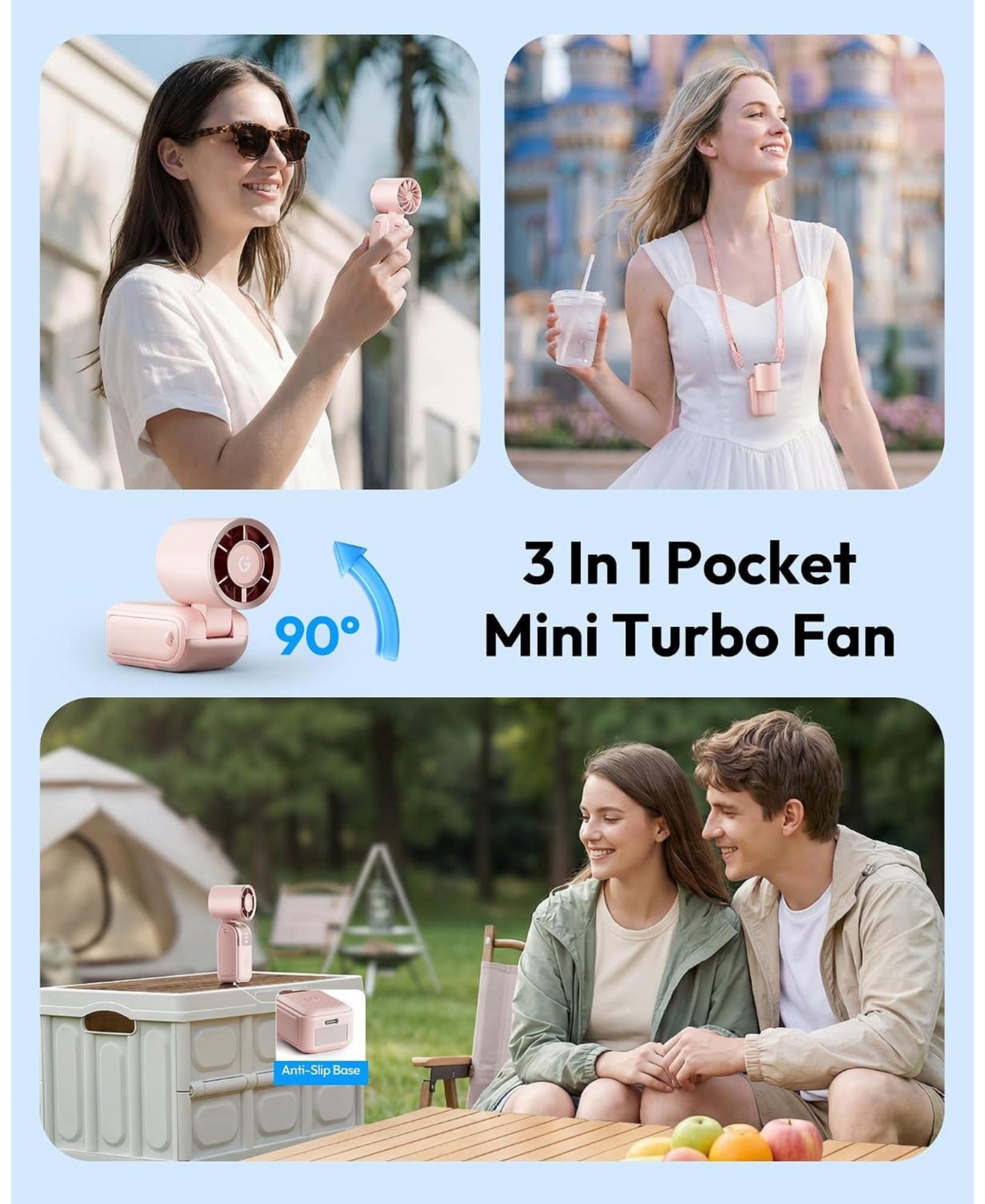 Gaiatop Mini Portable Handheld Fan, 6-Speed Turbo Cooling, Max 15 Hrs Rechargeable Personal Pocket Fan, 3-in-1 Foldable Small Hand Fans for Outdoor