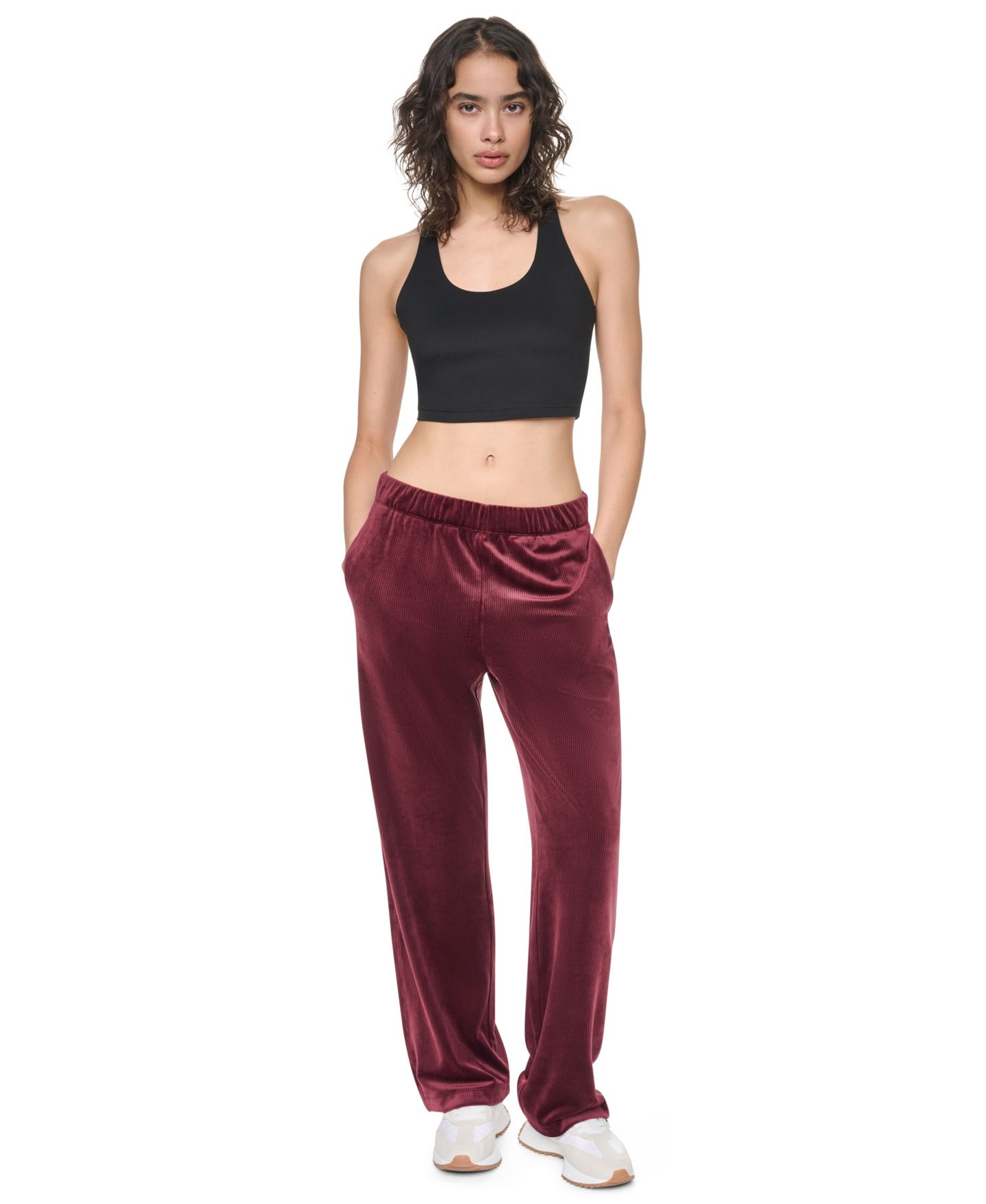 Женские брюки DKNY Sport High-Rise Ribbed Super-Soft Velour Straight Leg, цвет: Чёрный — фото 8