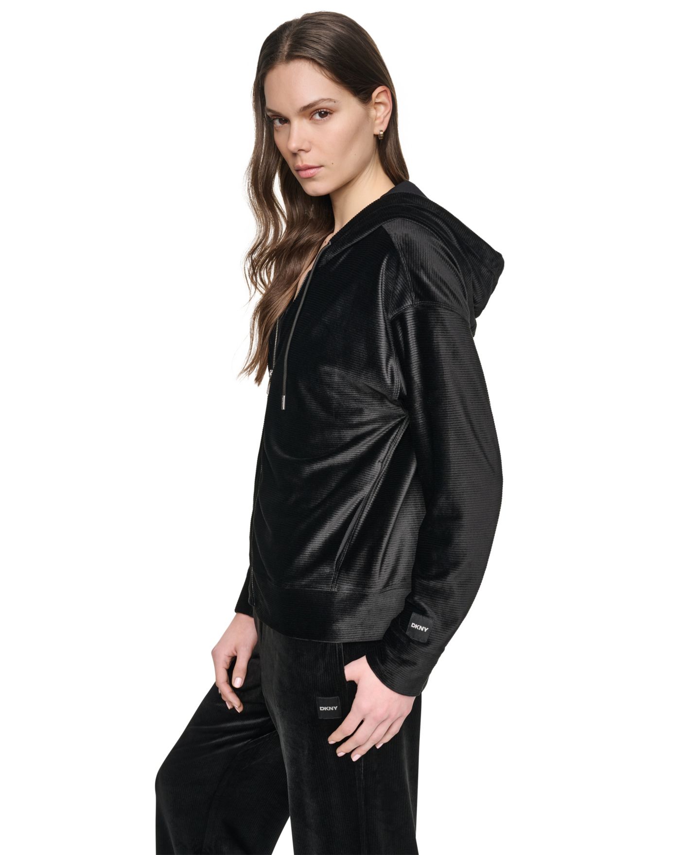 Женское худи DKNY Sport Full Zip Ribbed Super-Soft Velour, цвет: Чёрный — фото 2