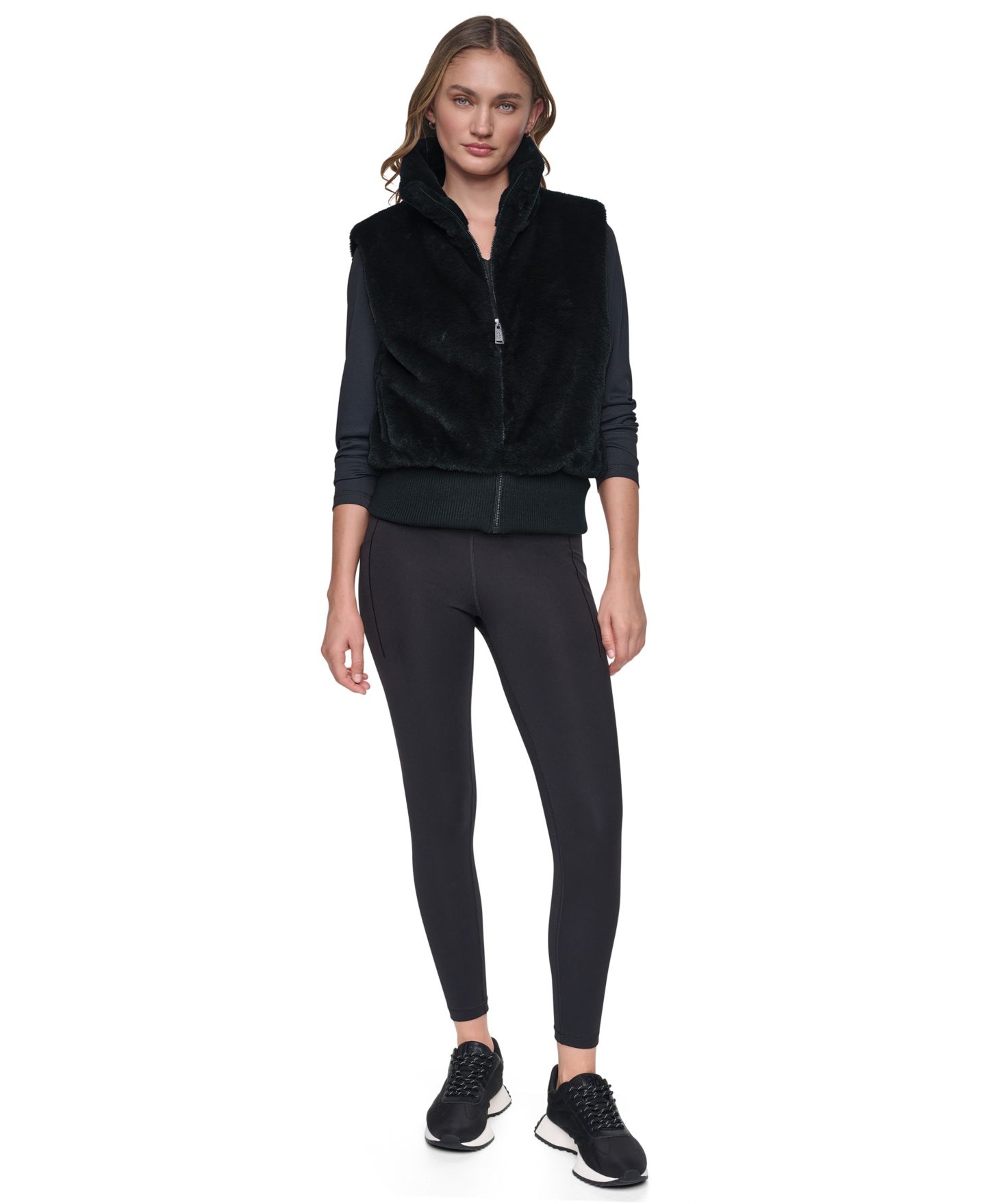 Женский жилет DKNY Sport Mock-Neck Ribbed-Knit Hem Faux Fur Vest, цвет: Чёрный — фото 3